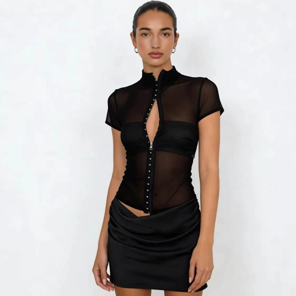 Zara See Through Mesh Cutout Stand Collar Button Pleated Bodycon Mini Skirt